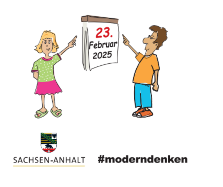 Zwei gezeichnete Männchen zeigen auf einen übergroßen Abreißkalender, der das Datum 23. Februar anzeigt.